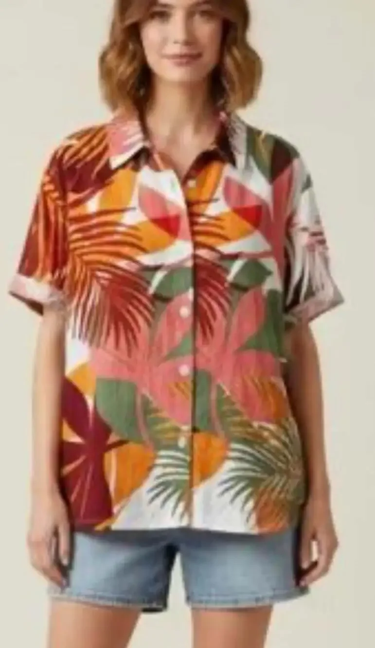 Vitamin A Playa Tropical Palm Print Linen Camp Shirt Cover Up Size S